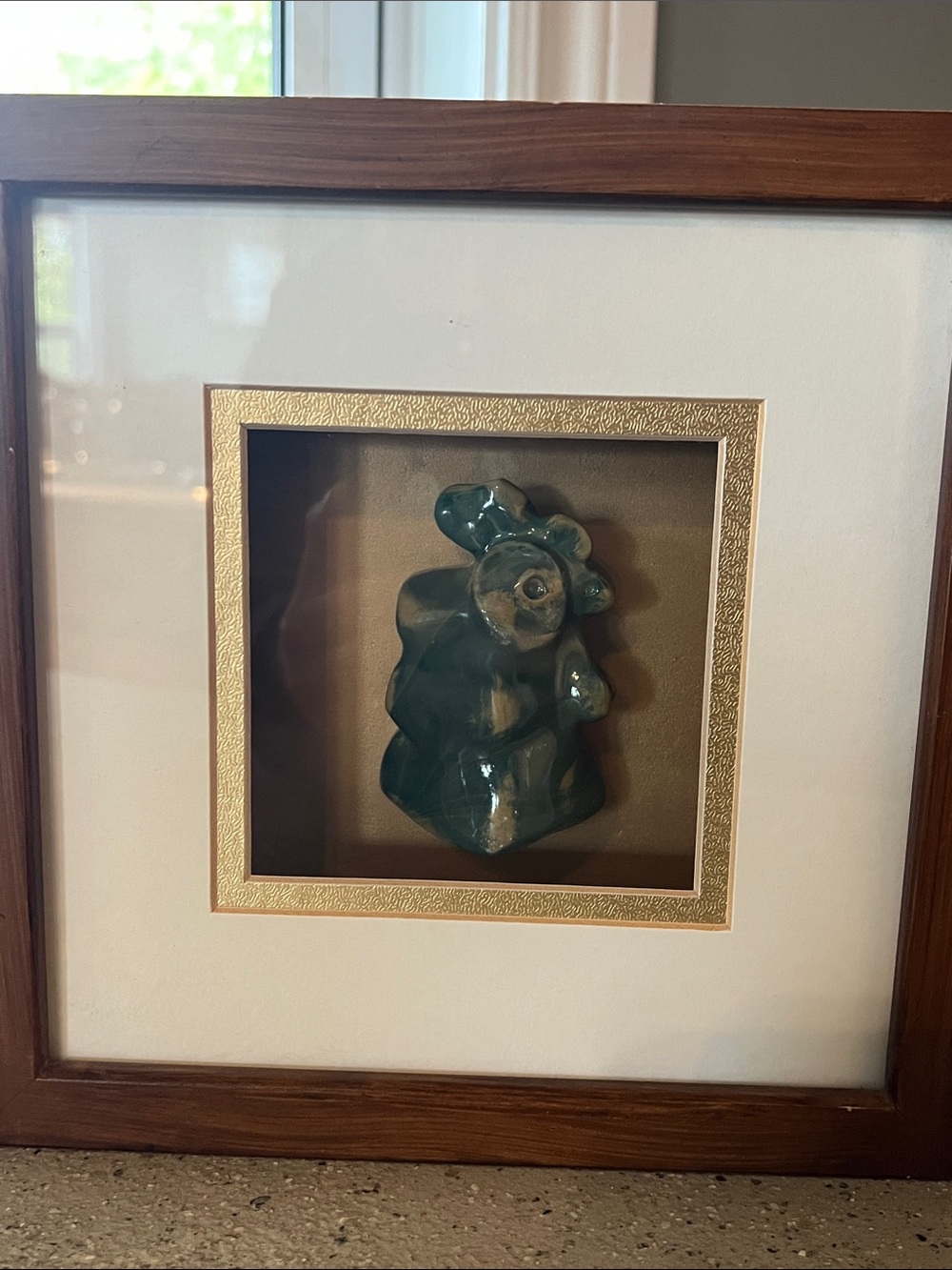 Year of the rooster Ceramic Teal Abstract Wall Art in Framed Shadow Box